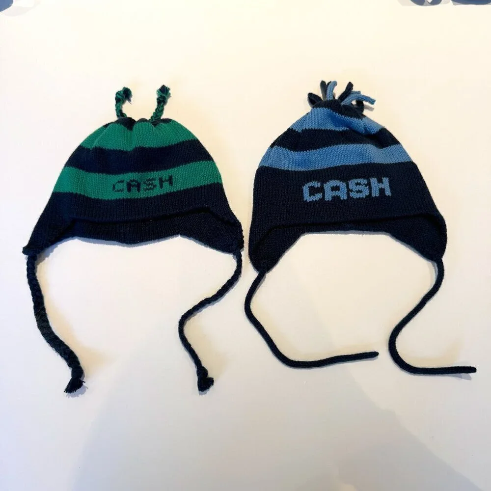 Set of 2 Navy Blue, Light Blue & Green Striped Cotton Knit Baby Kids Earflap Hat